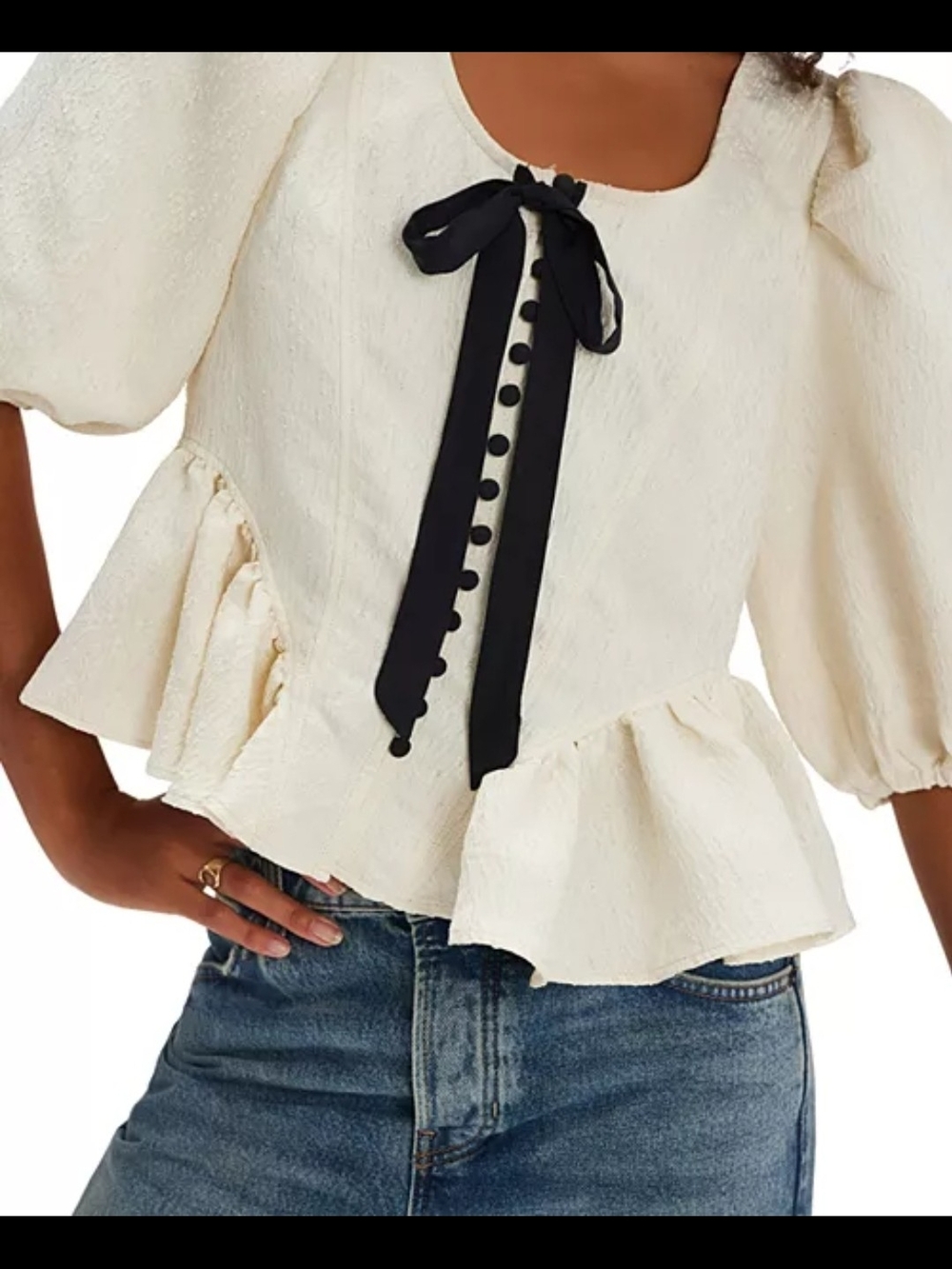 Free People NWT Pamela Bow Top Ivory White Alyssum Puff Sleeve Blouse Size L